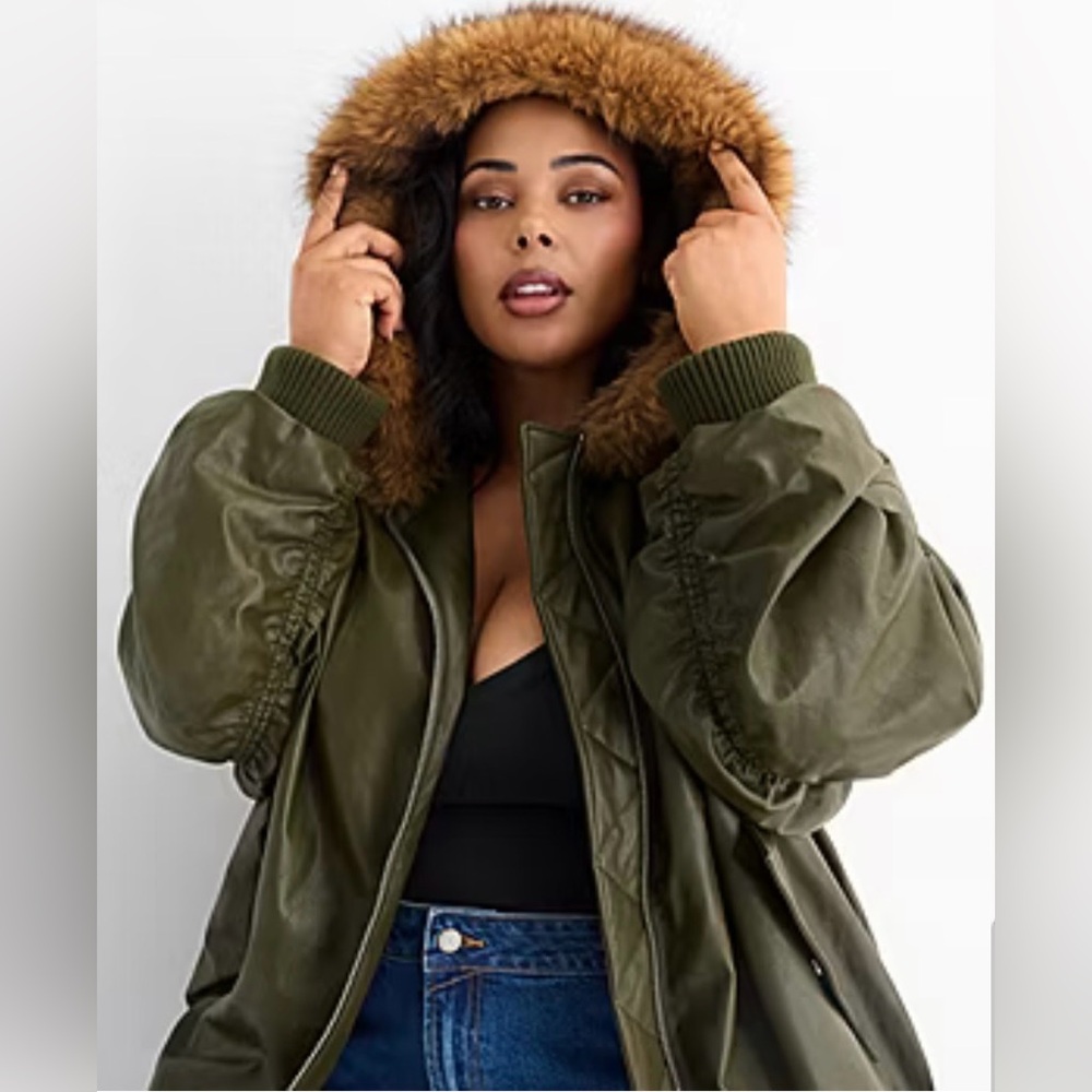 Ashley Graham Olive Green Faux Leather Bomber Jacket with Brown Faux-Fur Hood - Picture 4 of 11
